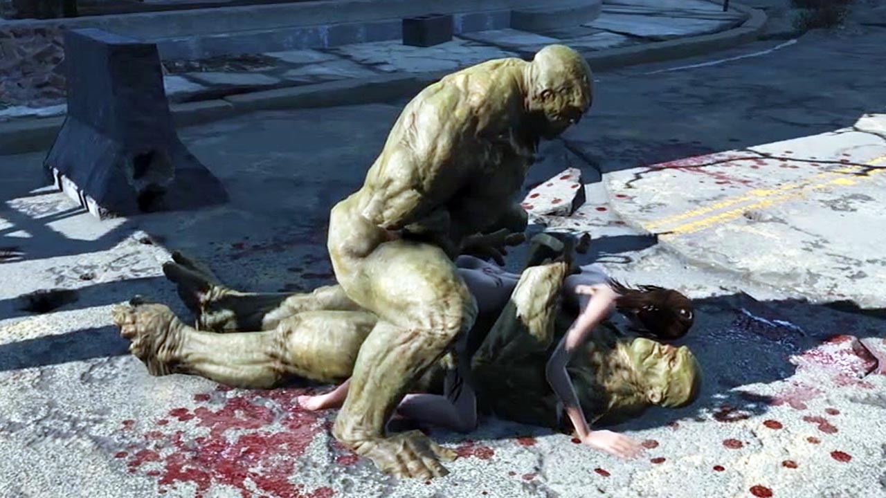 Fallout 4: Два огромных зеленых мутанта рвут героиню ДП в пизду и жопу!